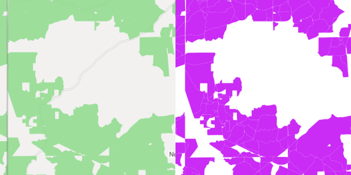 Comparison of FCC map of Connect America Funds areas in Newton County, Mississippi and resulting features extracted from census block shapefiles