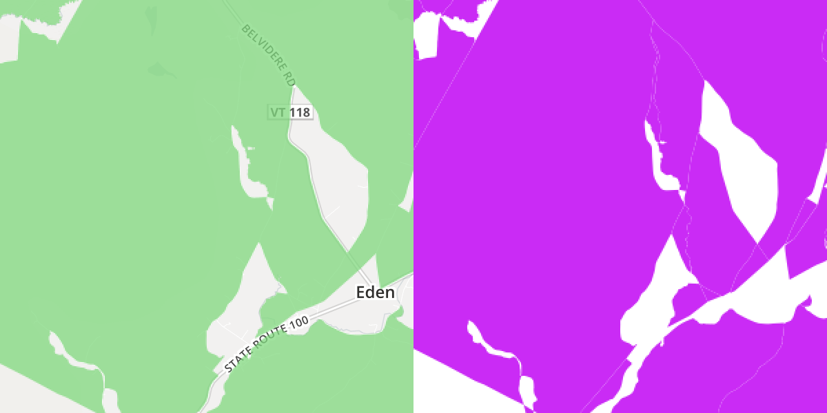 Comparison of FCC map of Connect America Funds areas near Eden, Vermont and resulting features extracted from census block shapefiles