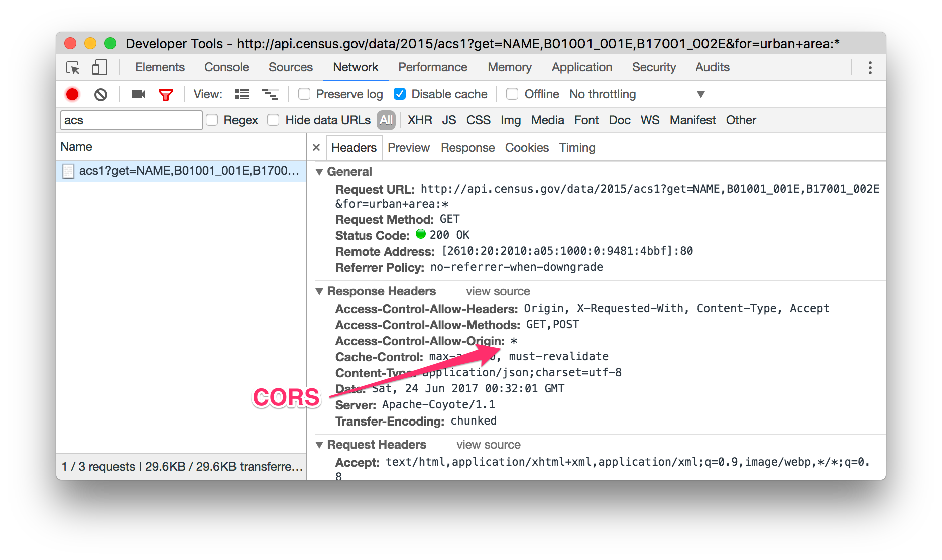 Chrome dev tools showing CORS support