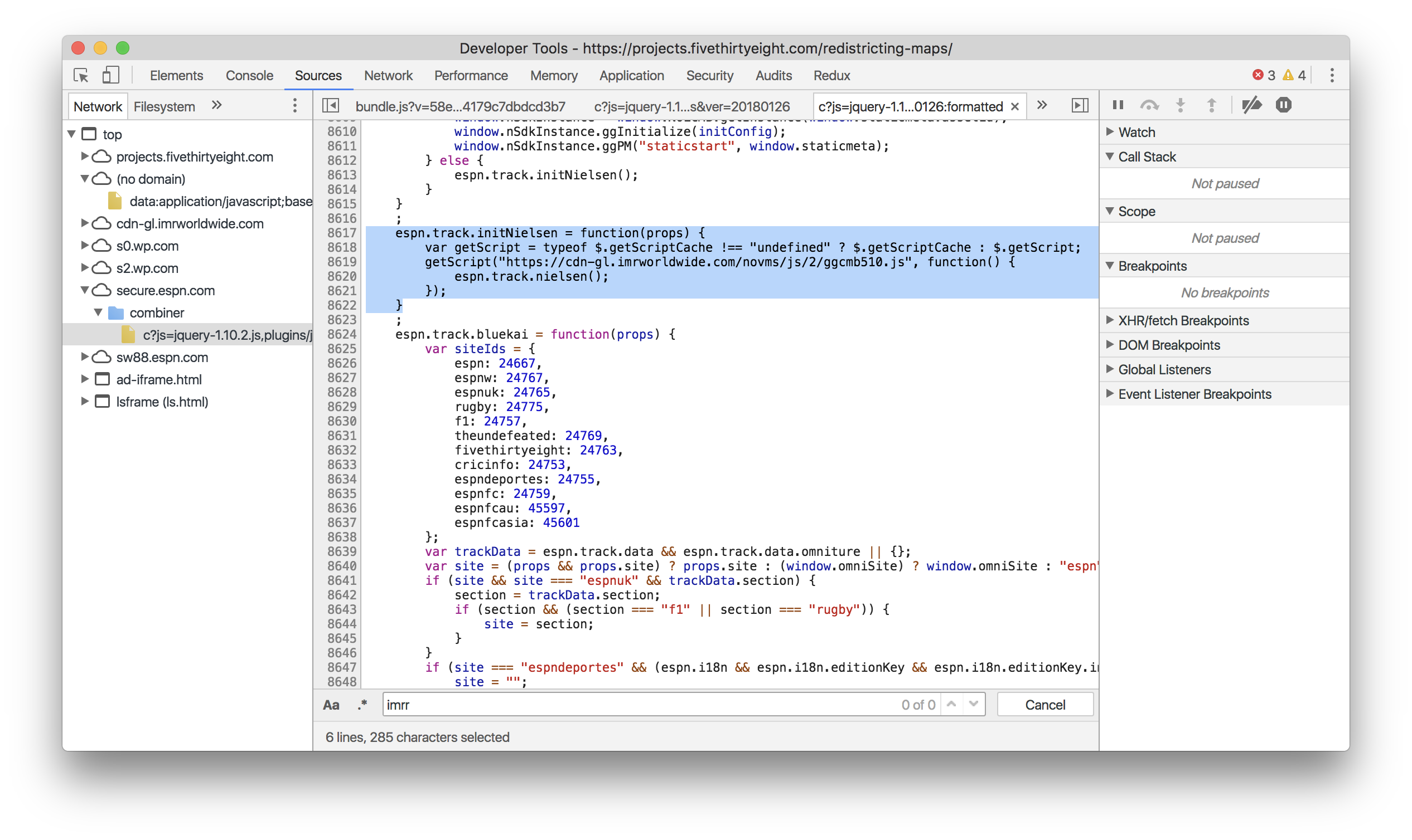 FiveThirtyEight javascript inserting additional javascript from a tracking company