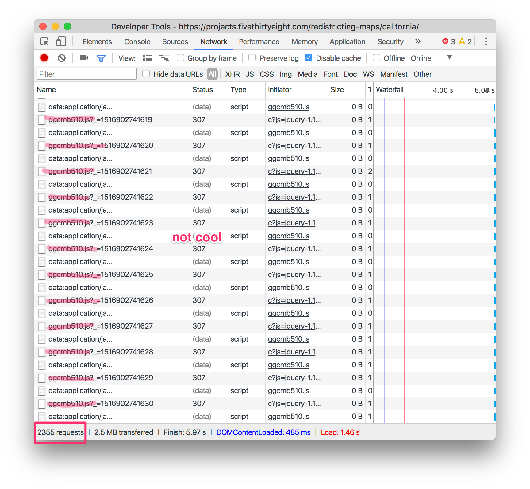 Google Chrome Developer Tools' Network section showing an inordinate number of requests to a tracking script